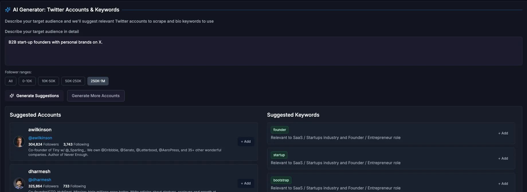 AI Generator suggesting X (Twitter) accounts and keywords