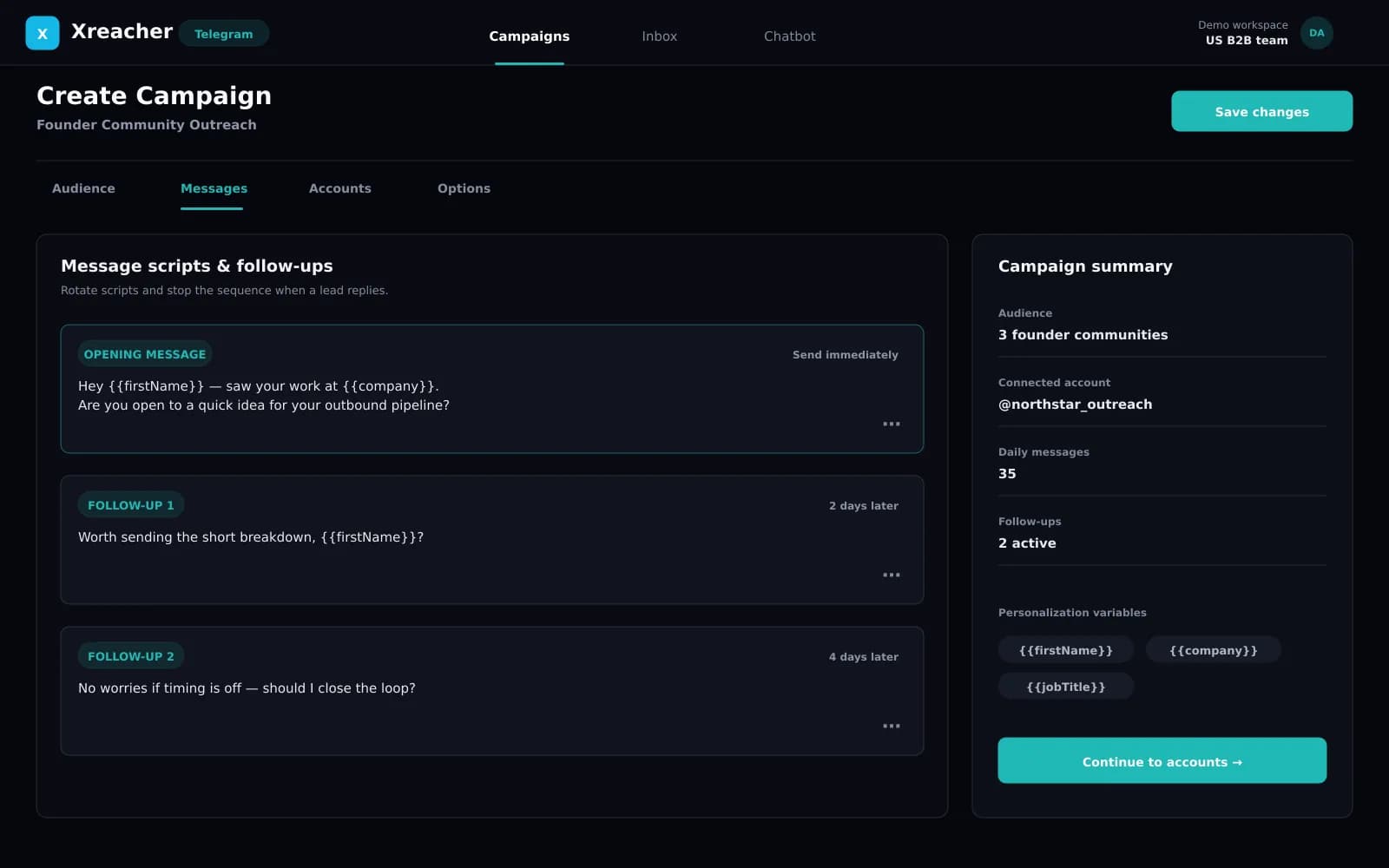 Xreacher Telegram campaign message sequence with a fictional opener, follow-ups, personalization variables, and account settings