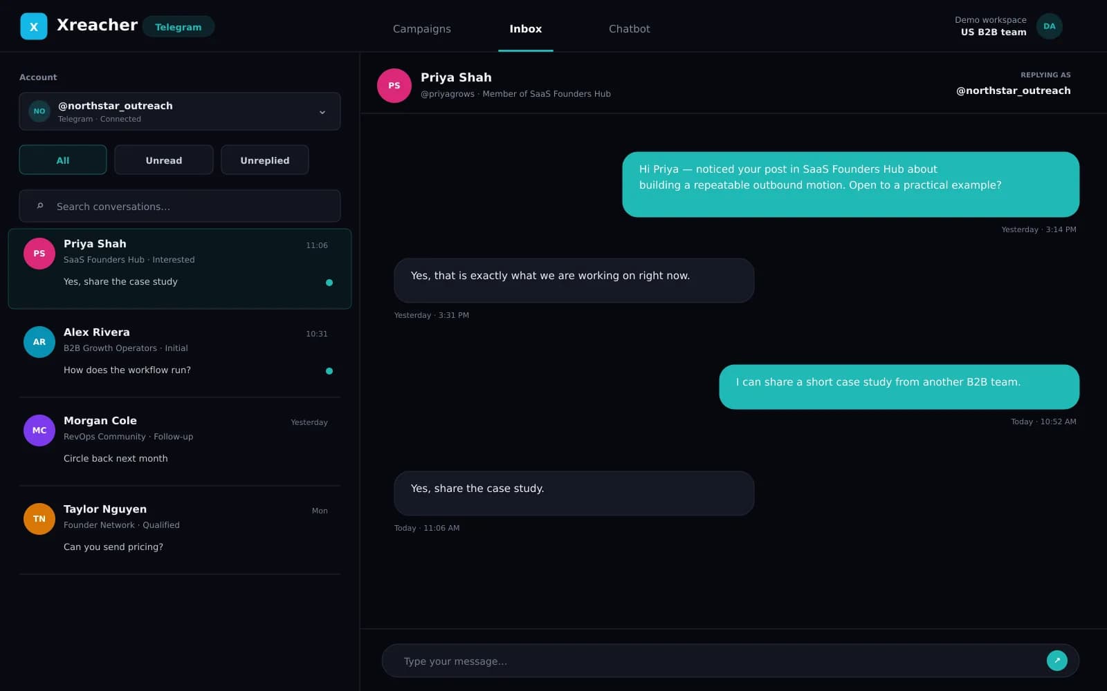 Xreacher Telegram inbox with fictional community-member conversations, reply filters, message thread, and composer